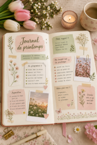 Un journal ouvert sur une table avec des fleurs printanières en arrière-plan.
