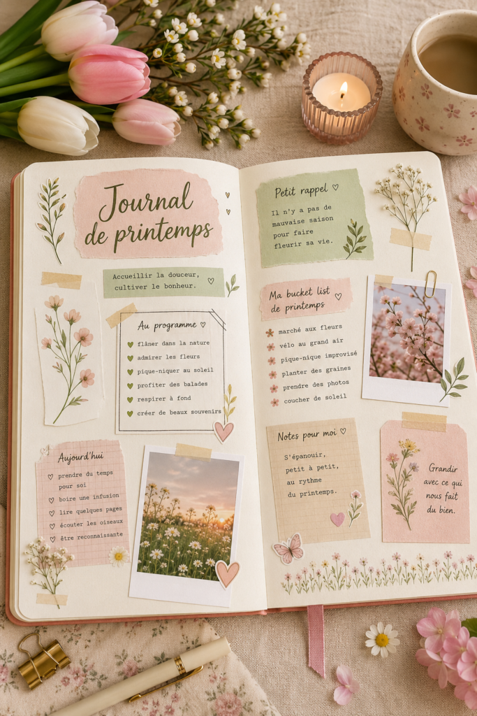 Un journal ouvert sur une table avec des fleurs printanières en arrière-plan.