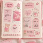 Un joli journal rose décoré avec des éléments créatifs et colorés.