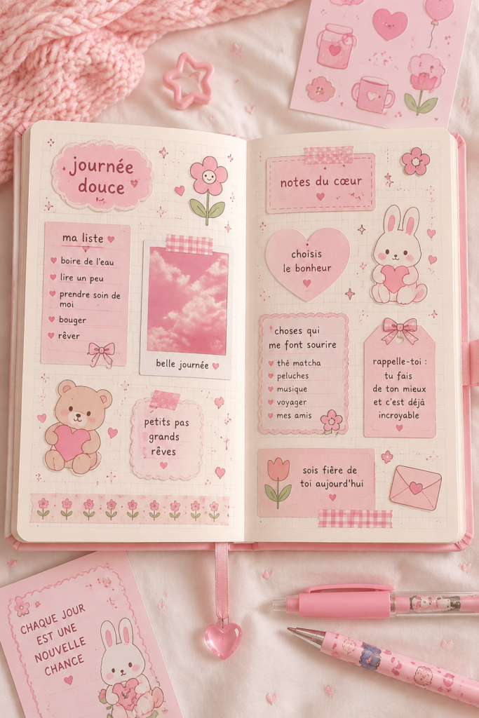 Un joli journal rose décoré avec des éléments créatifs et colorés.