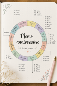 Un bullet journal ouvert avec des illustrations pour anniversaires et d'autres événements