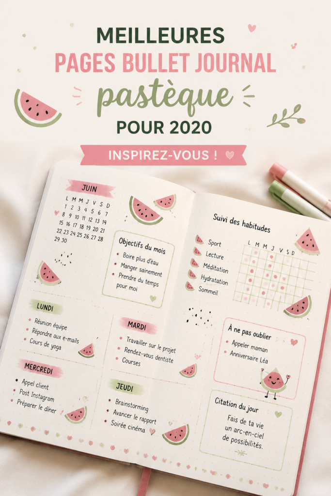 Mises en page colorées de bullet journal avec motif de pastèque.
