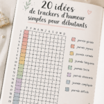 Un mood tracker minimaliste dans un bullet journal, avec des couleurs douces et des icônes simples.