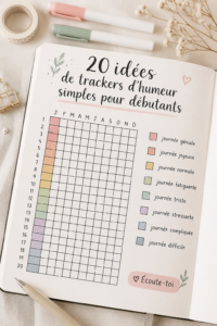 Un mood tracker minimaliste dans un bullet journal, avec des couleurs douces et des icônes simples.