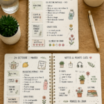 Carnet à spirale avec des notes colorées et des illustrations, montrant une organisation créative.