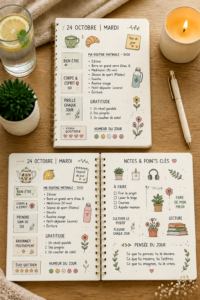 Carnet à spirale avec des notes colorées et des illustrations, montrant une organisation créative.