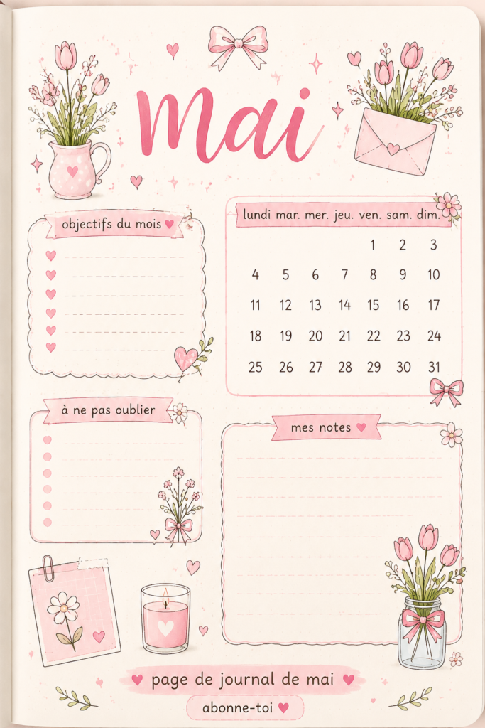Fermez une image d'une page de journal représentant un mois de mai coloré et inspirant.