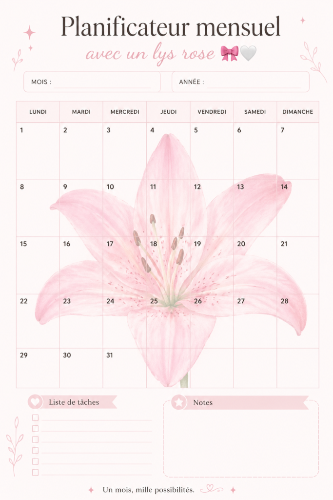 Planificateur mensuel décoré de lys roses sur une table