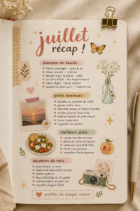 Récapitulatif du mois de juillet avec des inspirations créatives et des souvenirs d'été.