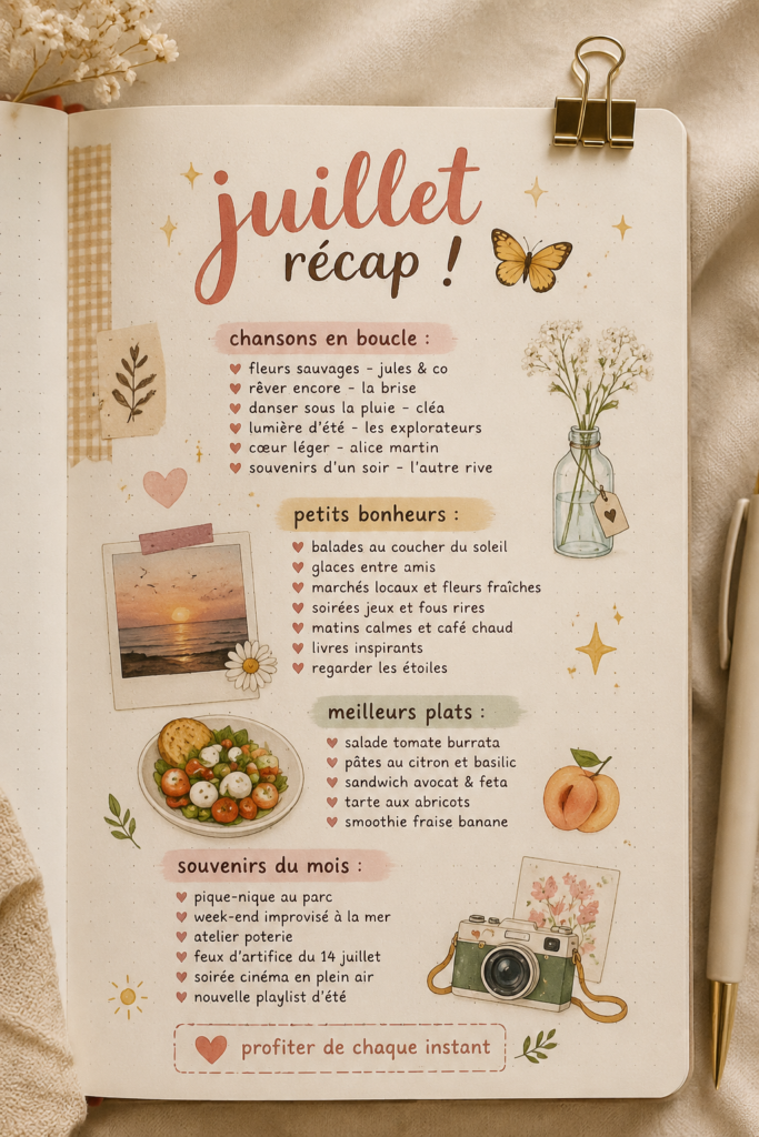 Récapitulatif du mois de juillet avec des inspirations créatives et des souvenirs d'été.