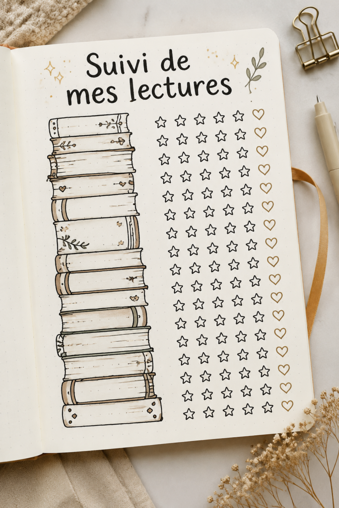 Bullet journal avec un book tracker coloré et organisé