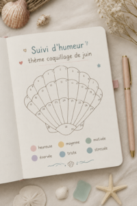 Un bullet journal ouvert sur une page illustrant un thème marin pour juin avec des coquillages et des vagues.