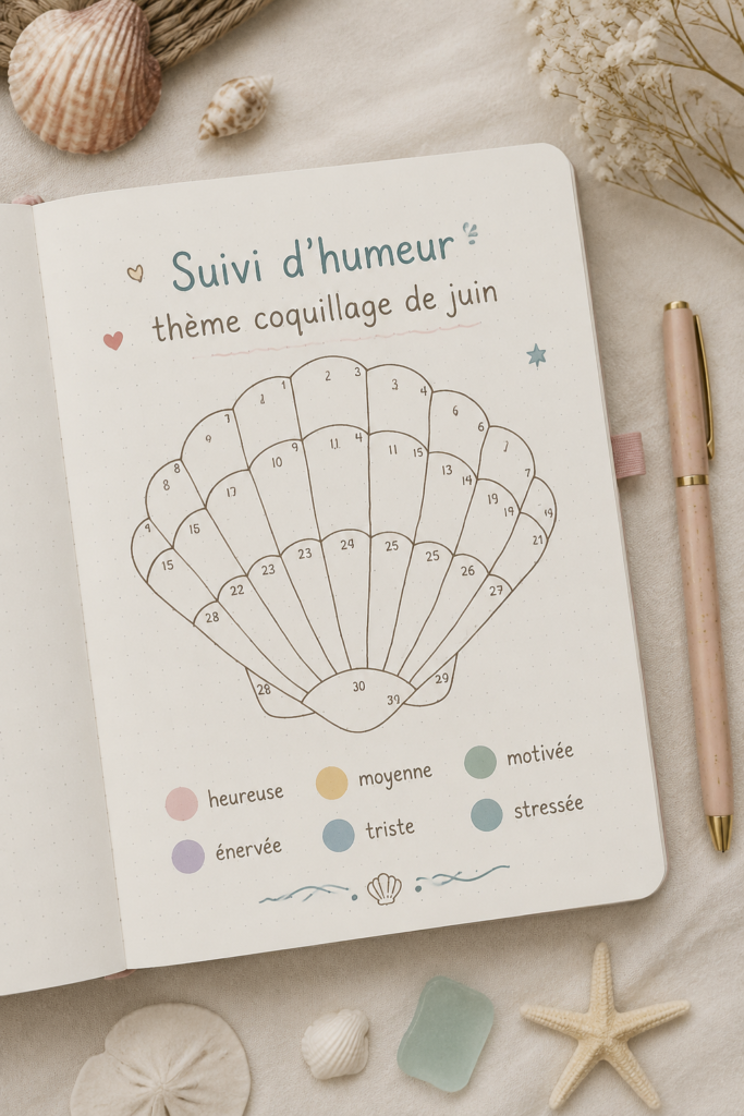Un bullet journal ouvert sur une page illustrant un thème marin pour juin avec des coquillages et des vagues.