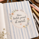 Bullet journal ouvert avec des thèmes printaniers pour avril, idéal pour s'inspirer.