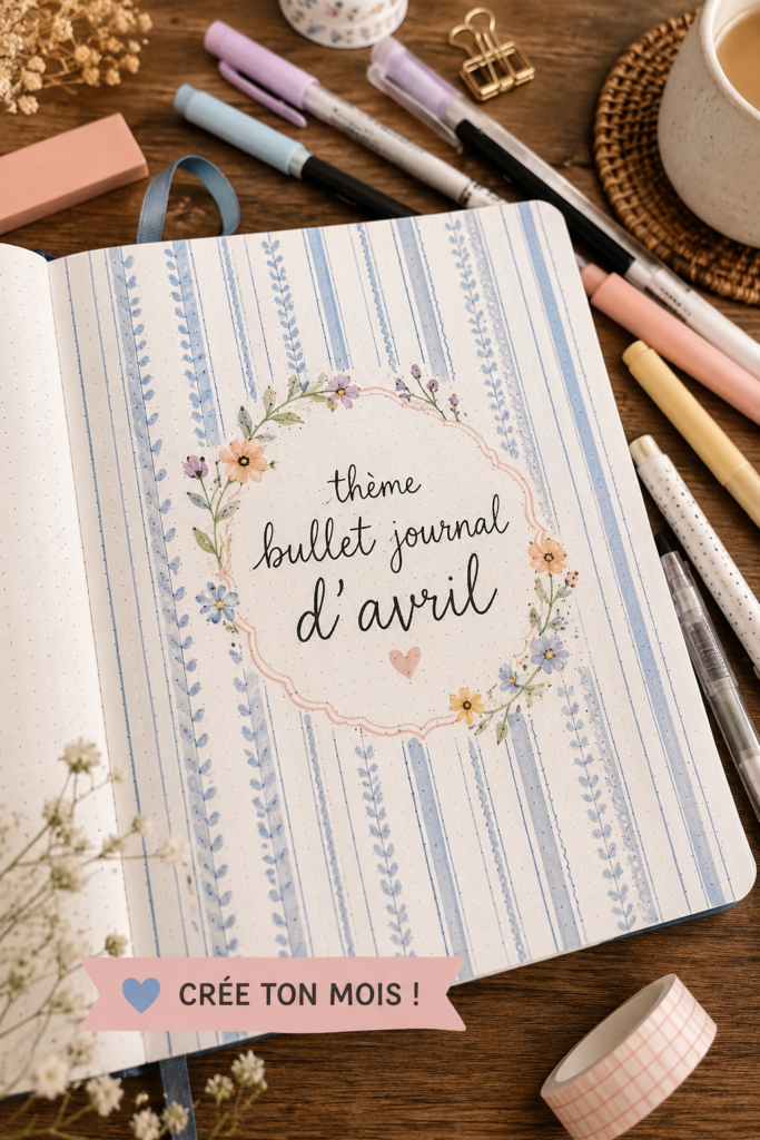 Bullet journal ouvert avec des thèmes printaniers pour avril, idéal pour s'inspirer.
