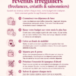 Une femme en train de rédiger un budget avec un ordinateur portable et des notes, illustrant la gestion des finances avec des revenus irréguliers.