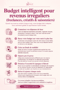 Une femme en train de rédiger un budget avec un ordinateur portable et des notes, illustrant la gestion des finances avec des revenus irréguliers.