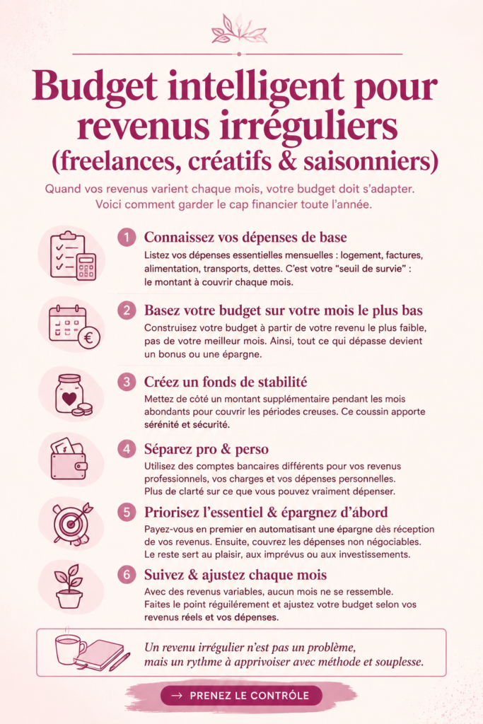 Une femme en train de rédiger un budget avec un ordinateur portable et des notes, illustrant la gestion des finances avec des revenus irréguliers.