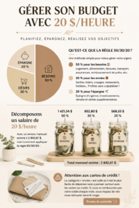 Femme souriante prenant des notes pour établir un budget avec un revenu de 20 dollars de l'heure.