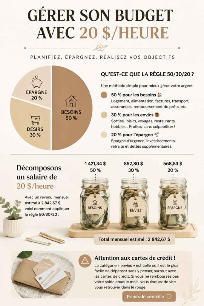 Femme souriante prenant des notes pour établir un budget avec un revenu de 20 dollars de l'heure.