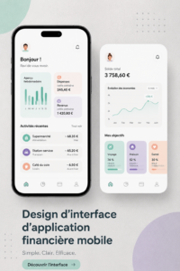 Écran d'accueil d'une appli de finances mobiles avec un design moderne et épuré