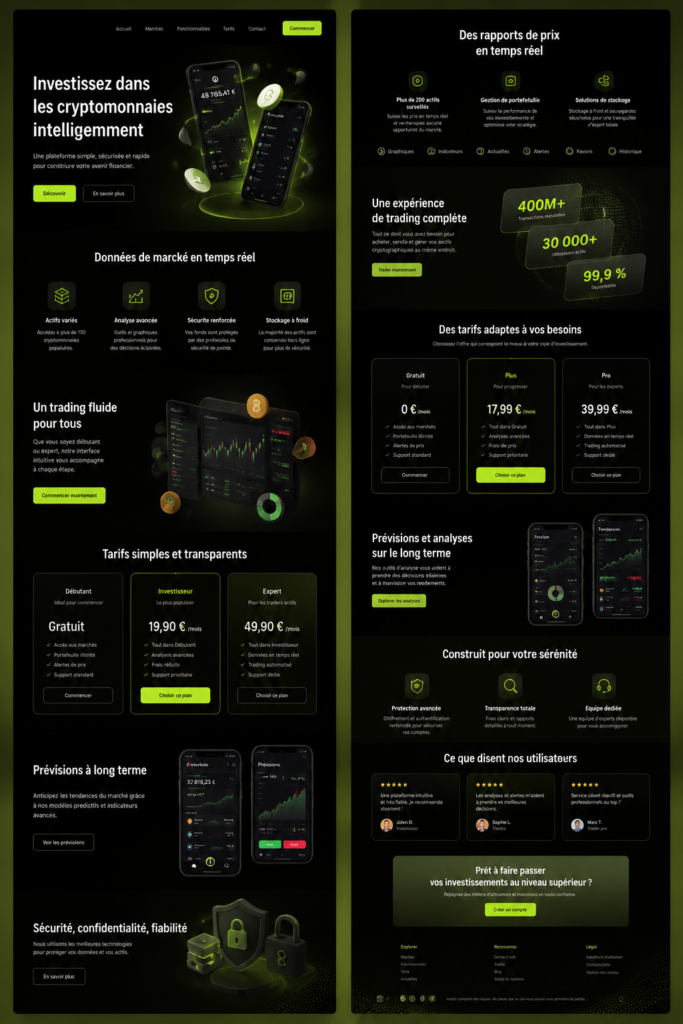 Landing page moderne pour un site crypto, avec design attrayant et éléments interactifs.