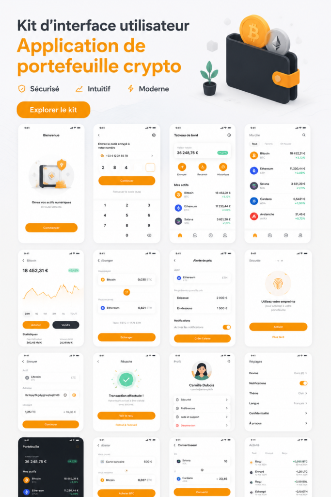 Un design UI moderne pour une application de crypto-monnaie affichant des graphiques de prix et d'engagement des utilisateurs.