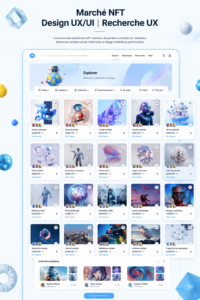 Visuel de design UX/UI pour une marketplace NFT, montrant une interface intuitive et attrayante.