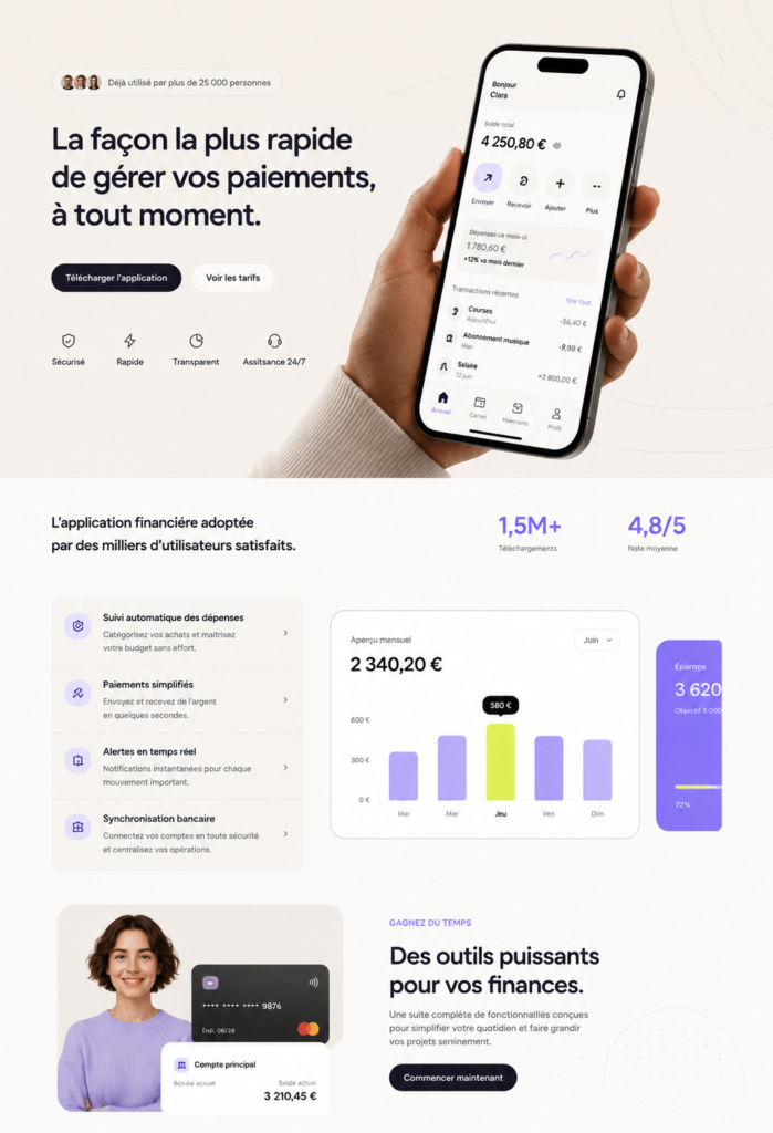 Exemple de landing page moderne pour une startup fintech avec un design épuré.