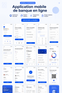 Modèle UI Figma pour une application de banque mobile, mettant en avant un design moderne et fonctionnel.