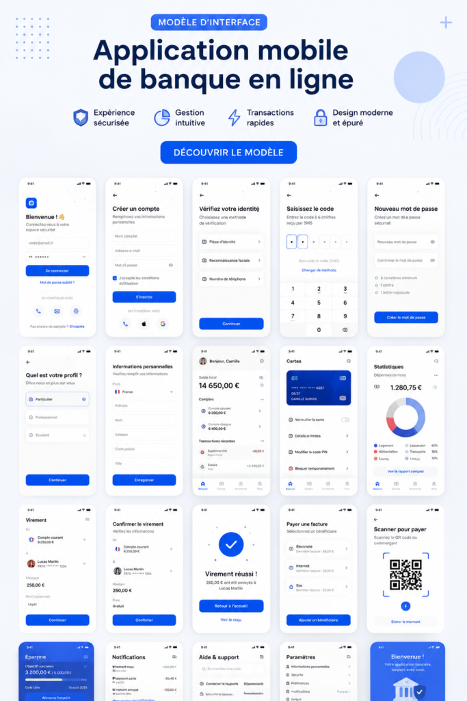 Modèle UI Figma pour une application de banque mobile, mettant en avant un design moderne et fonctionnel.