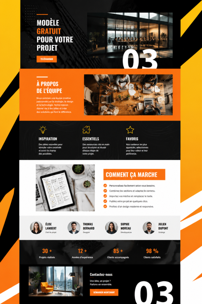 Template gratuit pour site web illustrant un design moderne.