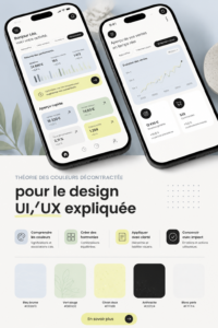 Illustration de la théorie des couleurs en design UI/UX avec palettes colorées.