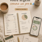 Femme souriante planifiant son budget avec un ordinateur et un cahier.