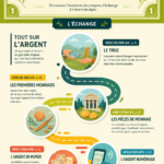 Illustration représentant l'évolution de l'argent à travers l'histoire, des échanges de biens à la monnaie moderne.