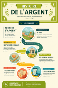 Illustration représentant l'évolution de l'argent à travers l'histoire, des échanges de biens à la monnaie moderne.