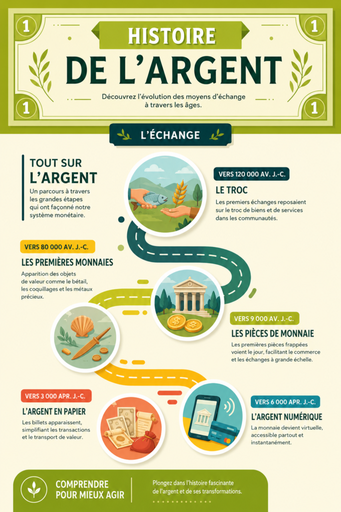 Illustration représentant l'évolution de l'argent à travers l'histoire, des échanges de biens à la monnaie moderne.