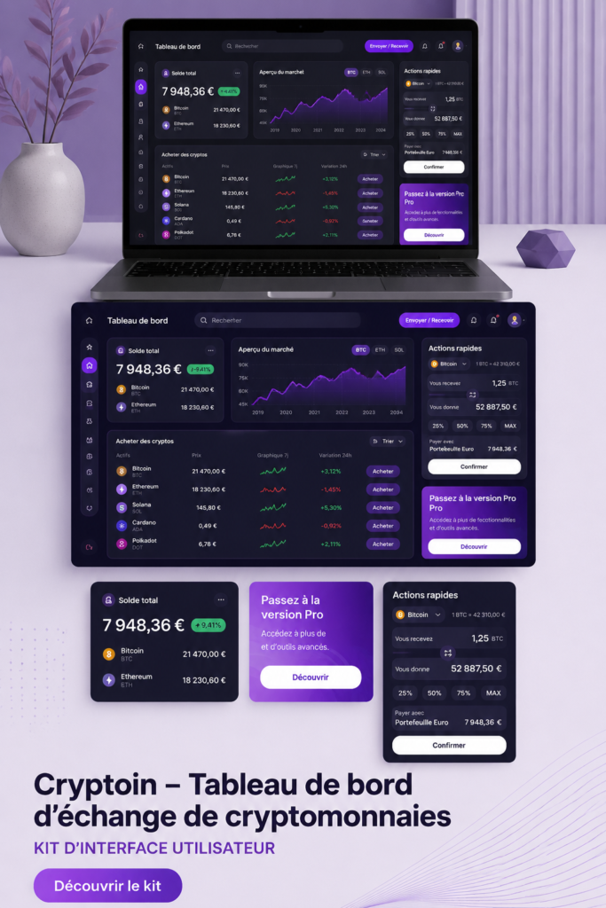 Interface d'un tableau de bord d'échange crypto avec un design convivial