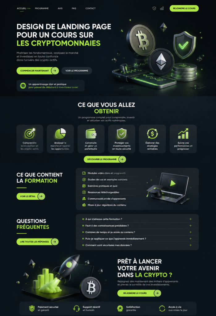 Illustration d'une landing page efficace pour un cours en ligne sur la crypto