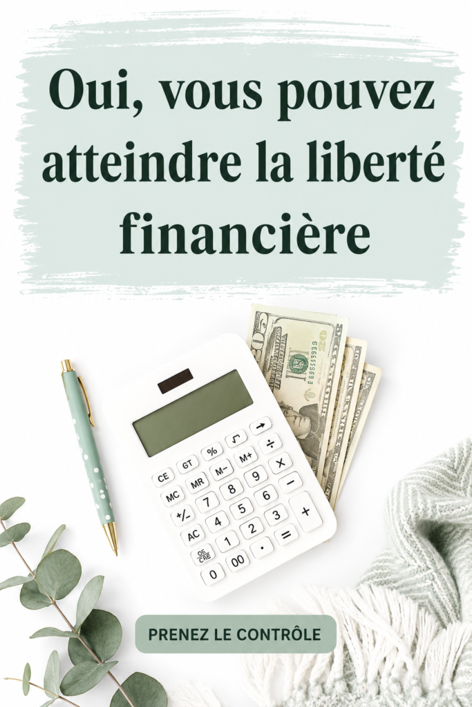 Femme souriante tenant un calculateur et des documents financiers, symbolisant la liberté financière.
