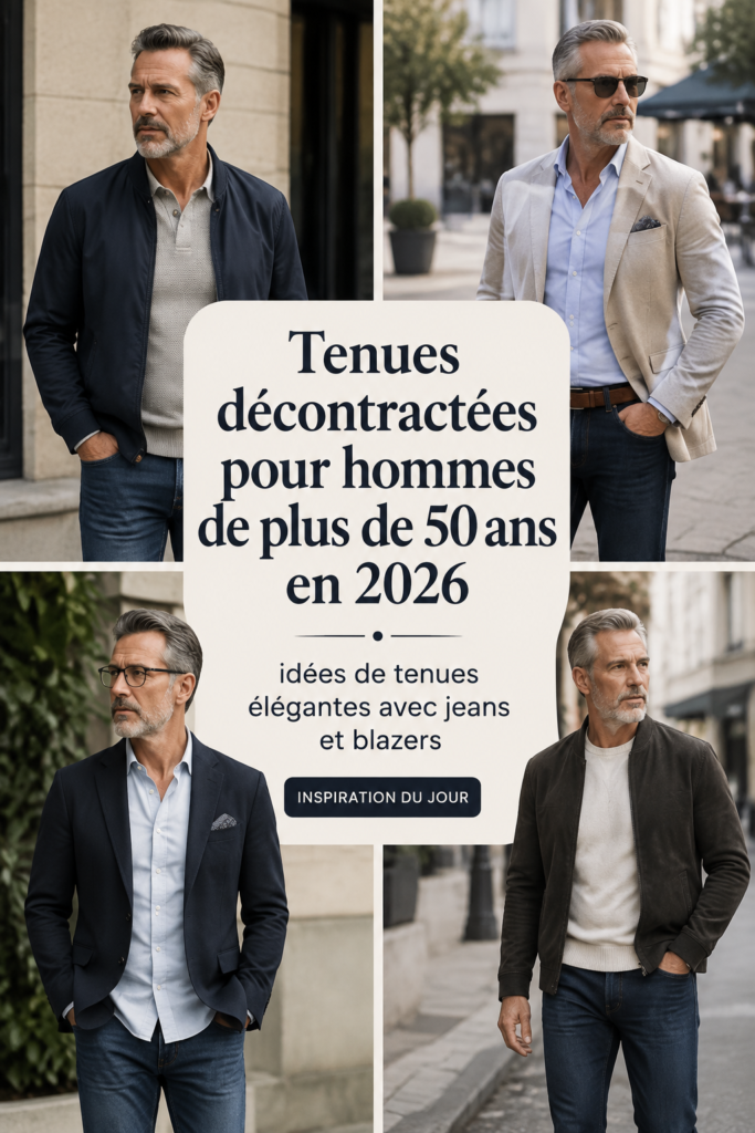Un homme élégant portant un look décontracté avec un blazer et un jean, rappelant le style mature.