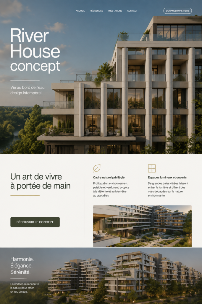 Maison moderne au bord de l'eau, avec une grande terrasse et vue sur la rivière.