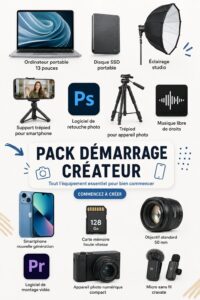 Kit de démarrage pour créateurs de contenu avec caméra, trépied et accessoires.
