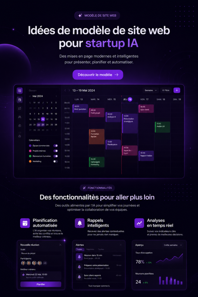 Modèle de site web moderne pour une startup AI, avec un design épuré et des éléments interactifs.