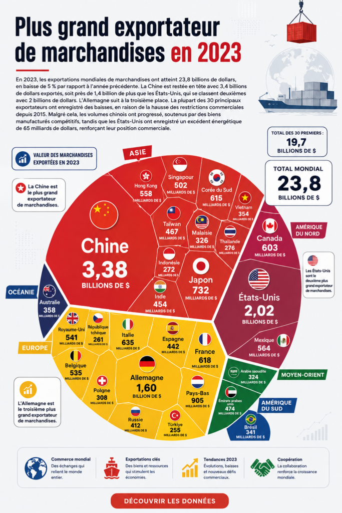Une vue d'une carte du monde montrant les principaux pays exportateurs en 2023