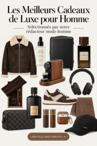 Sélection de cadeaux de luxe pour hommes en présentation élégante.