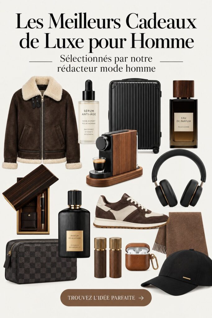 Sélection de cadeaux de luxe pour hommes en présentation élégante.