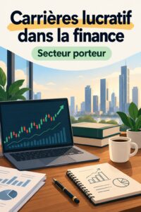 Femme souriante en costume, réfléchissant à sa carrière dans la finance.