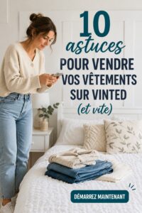 Femme avec un tas de vêtements à vendre sur Vinted