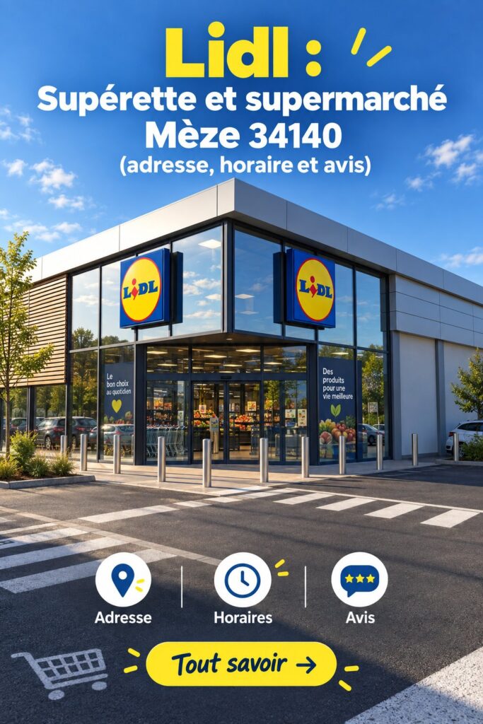 Logo de Lidl à Mèze devant le supermarché, illustrant les informations utiles à connaître pour les courses.